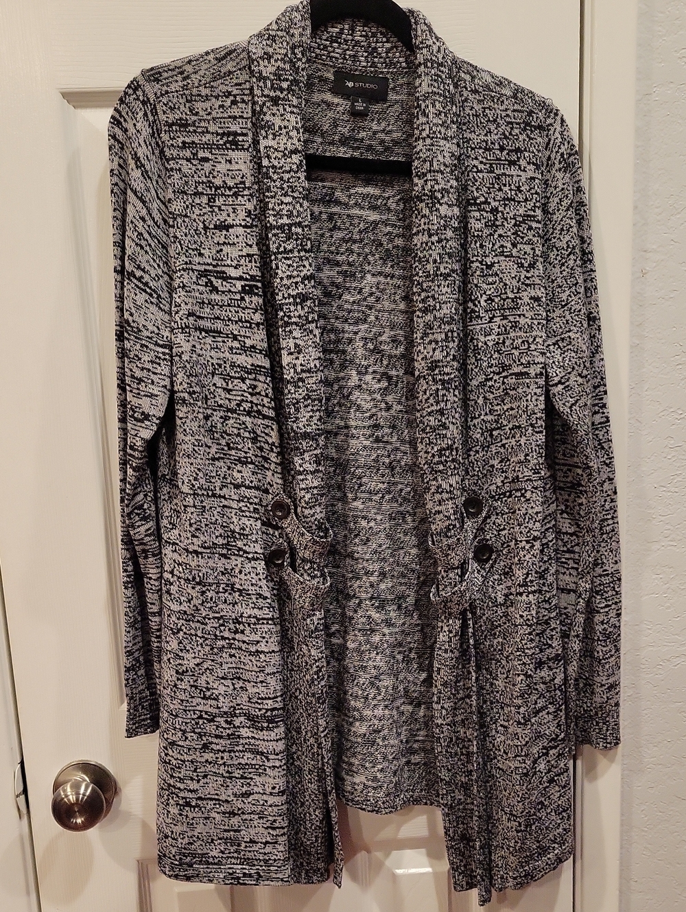AB Studio Black & White Marled Open-Front Cardigan with Belt Detail